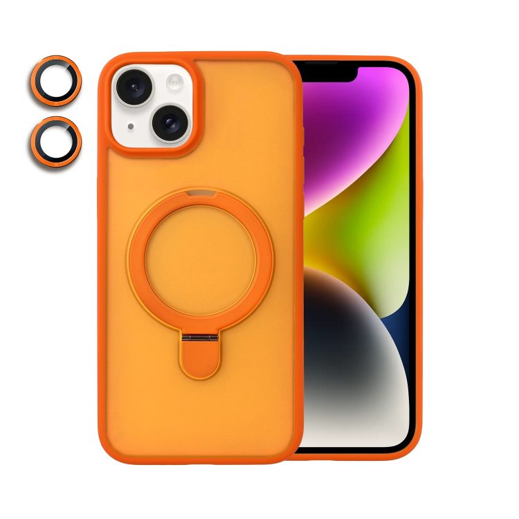 etui do iphone 14 frosted armor stand 3w1 z podstawka i ochrona aparatu, pomarańczowe
