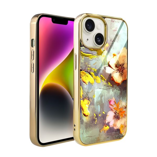 etui do iphone 14, golden glass, szklany tył, kwiaty ze złotem, złote