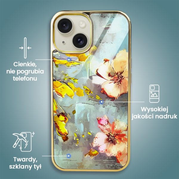 etui do iphone 14, golden glass, szklany tył, kwiaty ze złotem, złote
