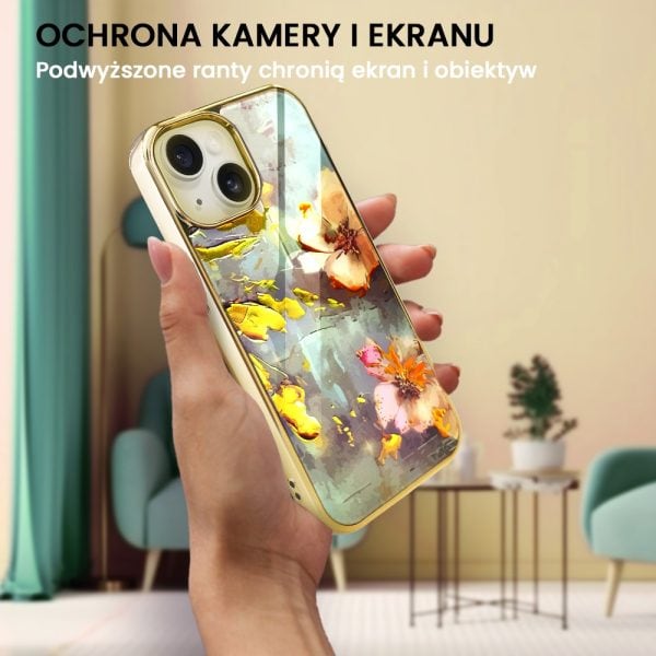 etui do iphone 14, golden glass, szklany tył, kwiaty ze złotem, złote