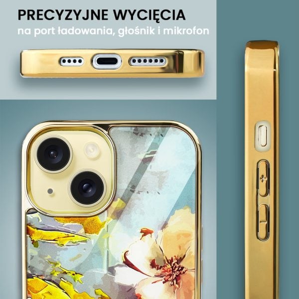 etui do iphone 14, golden glass, szklany tył, kwiaty ze złotem, złote