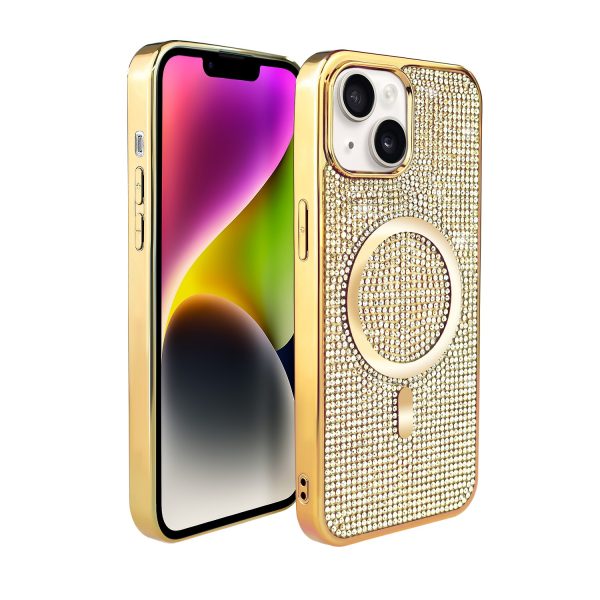 etui do iphone 14 magsafe tresury case, diamentowe, z błyszczącą ramką, złote