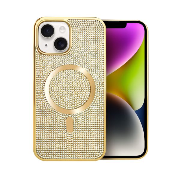 etui do iphone 14 magsafe tresury case, diamentowe, z błyszczącą ramką, złote