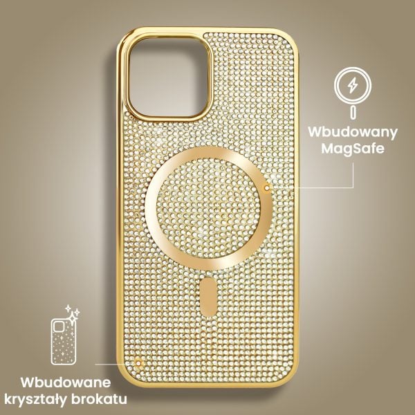 etui do iphone 14 magsafe tresury case, diamentowe, z błyszczącą ramką, złote