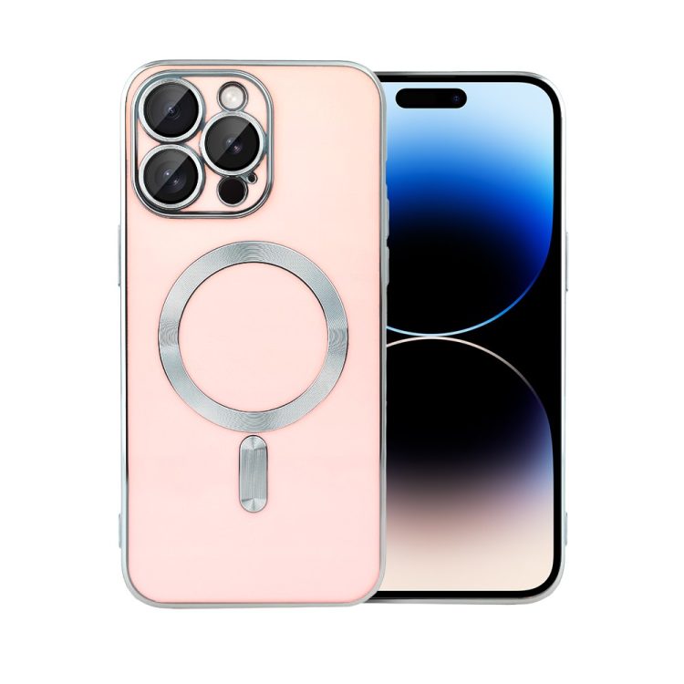 etui do iphone 14 pro magsafe silver elegance, z osłoną aparatu, delikatnie różowe