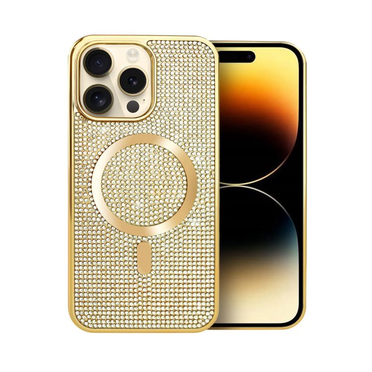 etui do iphone 14 pro max magsafe tresury case, diamentowe, z błyszczącą ramką, złote