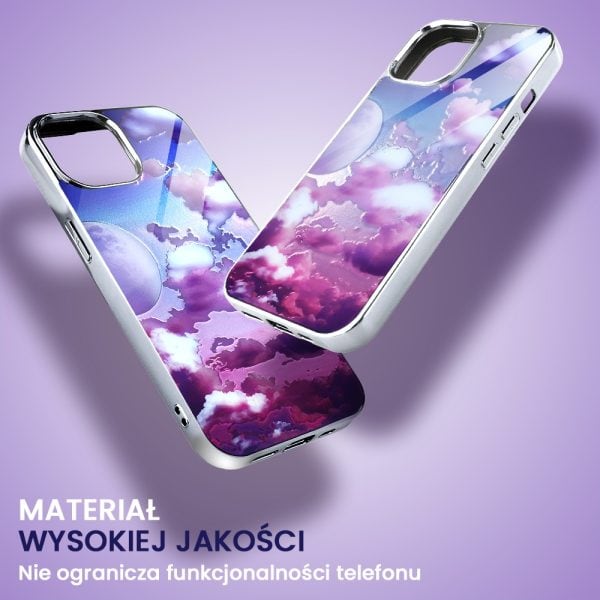 etui do iphone 14, silver glass, szklany tył, chmurki, srebrne (kopia)