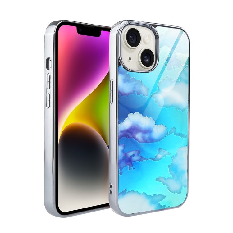 etui do iphone 14, silver glass, szklany tył, chmurki, srebrne