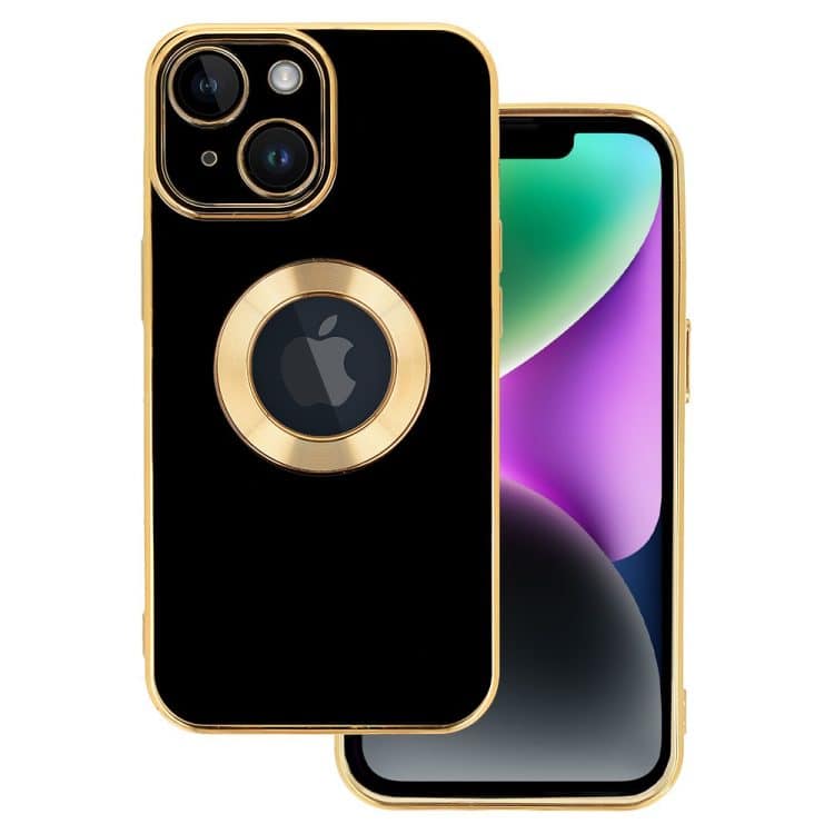 etui do iphone 14, silikonowe z wycięciem na logo i złotym zdobieniem, czarne