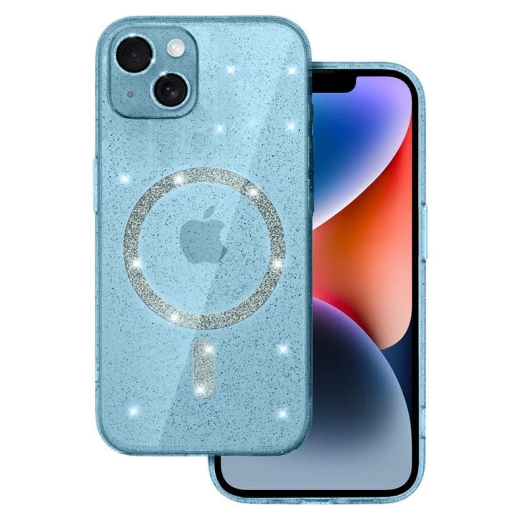 etui do iphone 14 z magsafe, przeźroczyste, błyszczący brokat, niebieskie