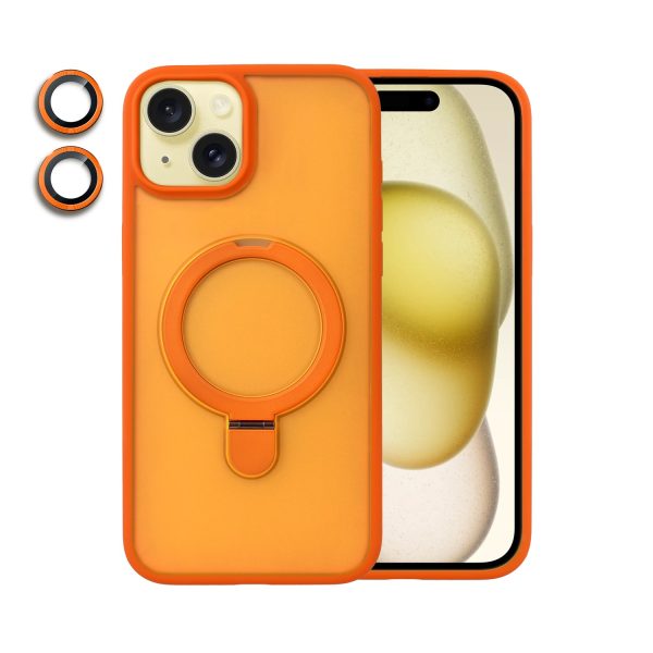 etui do iphone 15 plus frosted armor stand 3w1 z podstawka i ochrona aparatu, pomarańczowe