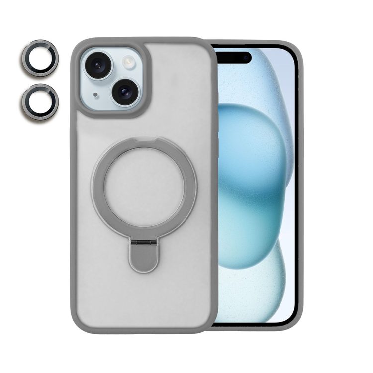 etui do iphone 15 plus frosted armor stand 3w1 z podstawka i ochrona aparatu, szare