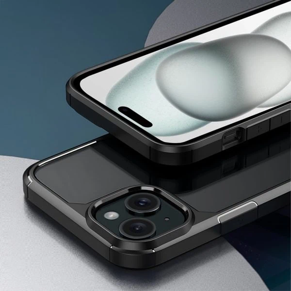 etui do iphone 15, przeźroczyste, matowe boki, twardy tył, czarne
