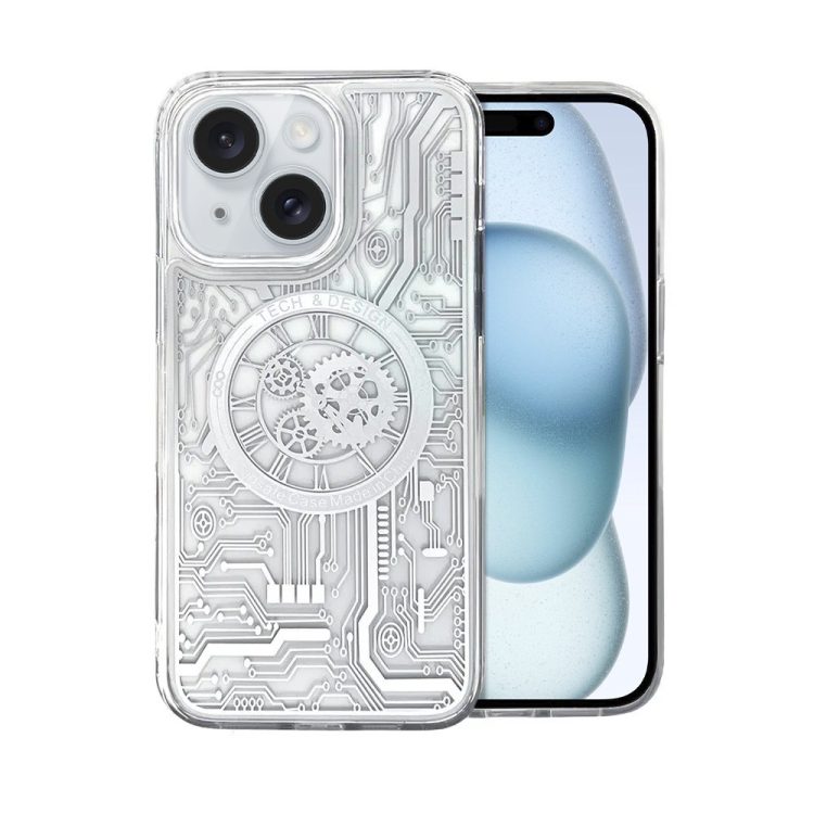 etui do iphone 15 clockwork magsafe, przeźroczyste z mechanizmem w środku, srebrne