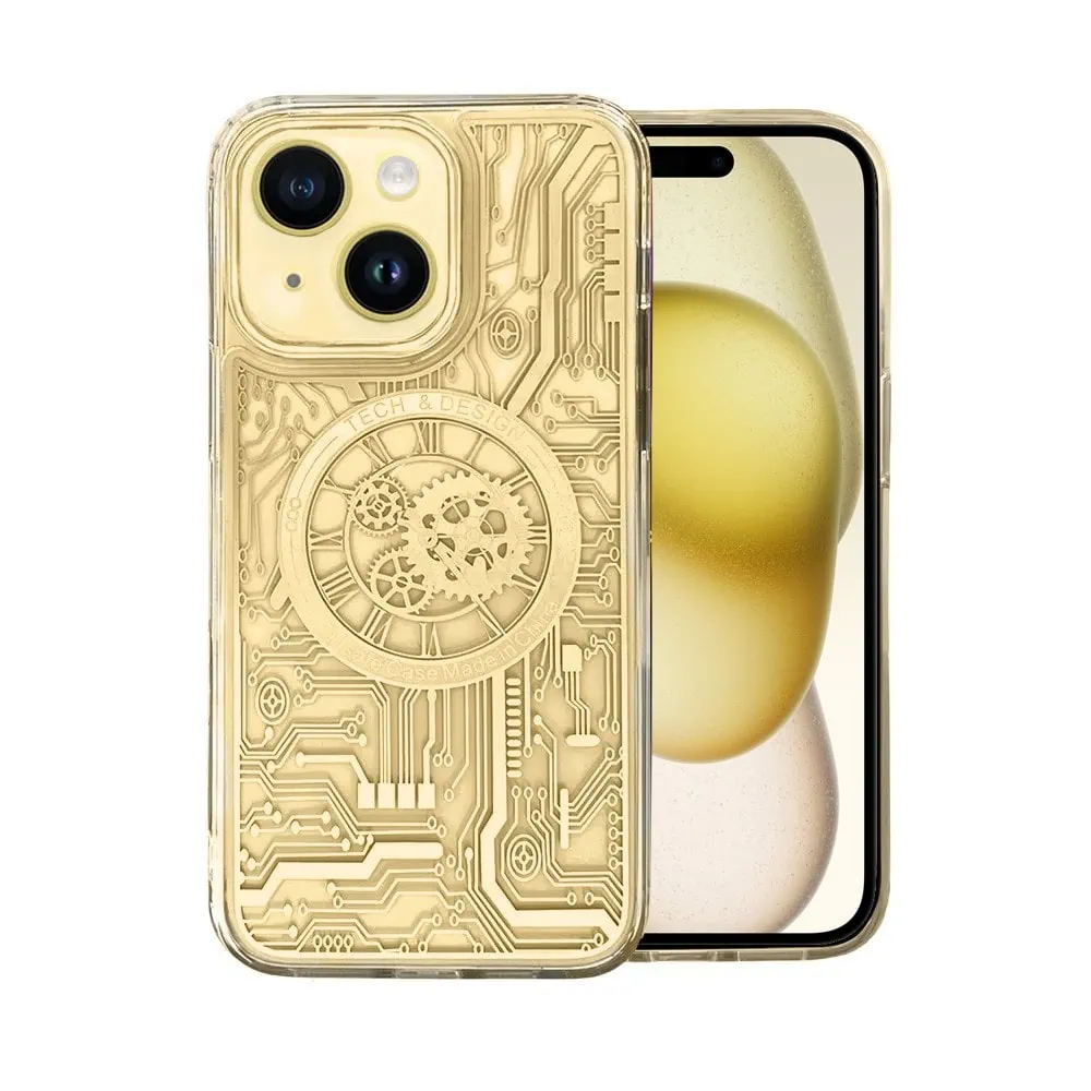 etui do iphone 15 clockwork magsafe, przeźroczyste z mechanizmem w środku, złote