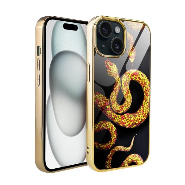 etui do iphone 15, golden glass, szklany tył, węże ze złotem, złote