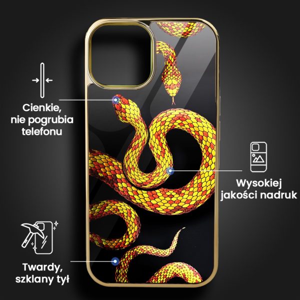 etui do iphone 15, golden glass, szklany tył, węże ze złotem, złote