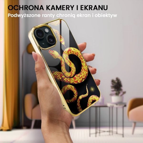 etui do iphone 15, golden glass, szklany tył, węże ze złotem, złote