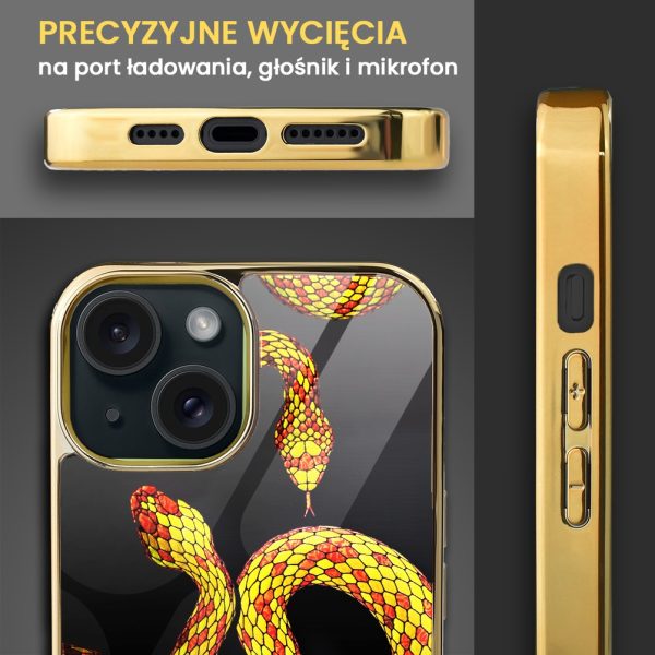 etui do iphone 15, golden glass, szklany tył, węże ze złotem, złote