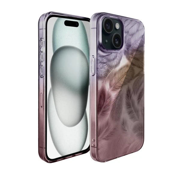 etui do iphone 15 magic feathers 3d, eleganckie piórka, purpurowe