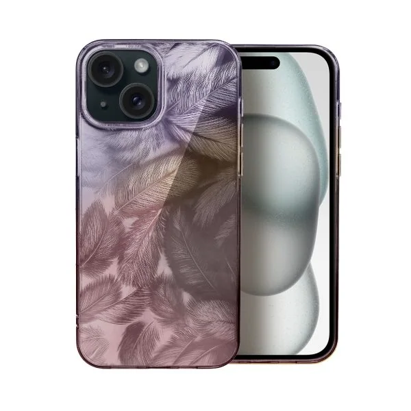 etui do iphone 15 magic feathers 3d, eleganckie piórka, purpurowe
