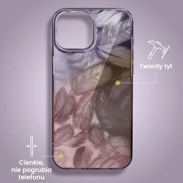 etui do iphone 15 magic feathers 3d, eleganckie piórka, purpurowe