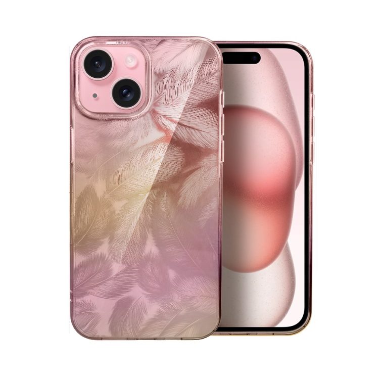 etui do iphone 15 magic feathers 3d, eleganckie piórka, różowe
