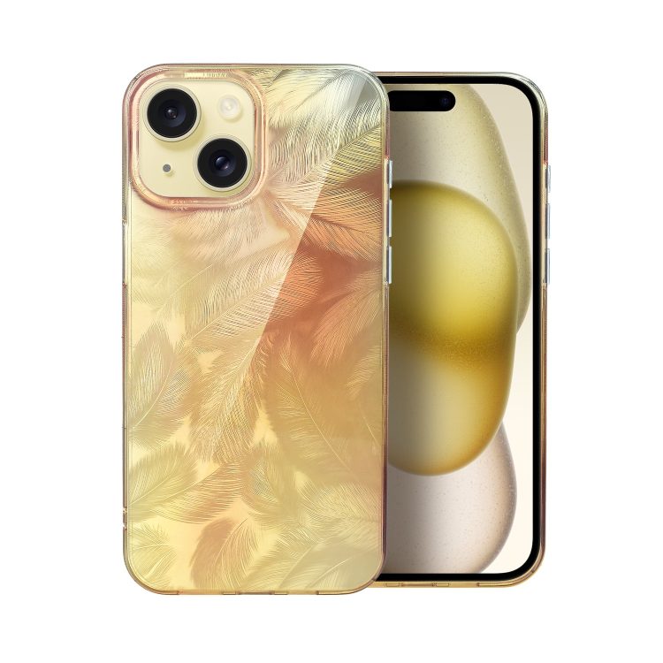 etui do iphone 15 magic feathers 3d, eleganckie piórka, złote