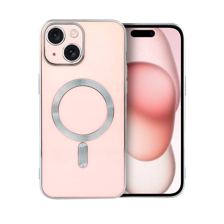 etui do iphone 15 magsafe silver elegance, z osłoną aparatu, delikatnie różowe