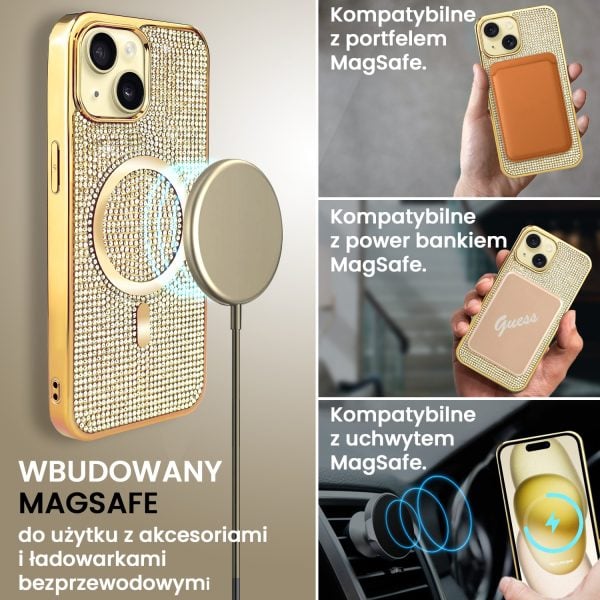 etui do iphone 15 magsafe tresury case, diamentowe, z błyszczącą ramką, złote