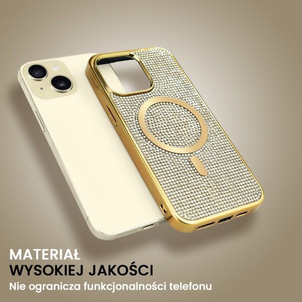 etui do iphone 15 magsafe tresury case, diamentowe, z błyszczącą ramką, złote