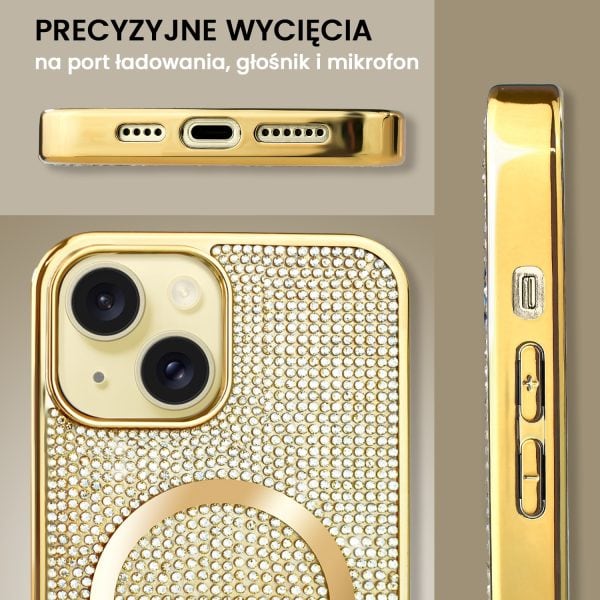 etui do iphone 15 magsafe tresury case, diamentowe, z błyszczącą ramką, złote