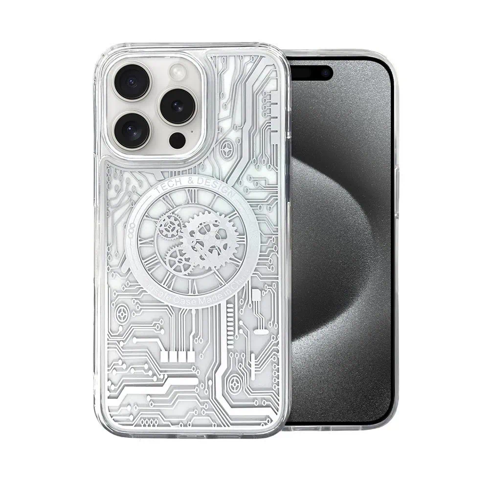 etui do iphone 15 pro clockwork magsafe, przeźroczyste z mechanizmem w środku, srebrne