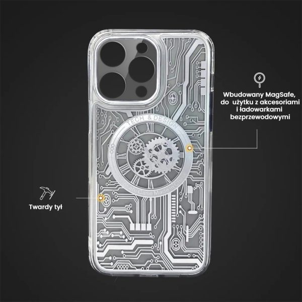 etui do iphone 15 pro clockwork magsafe, przeźroczyste z mechanizmem w środku, srebrne