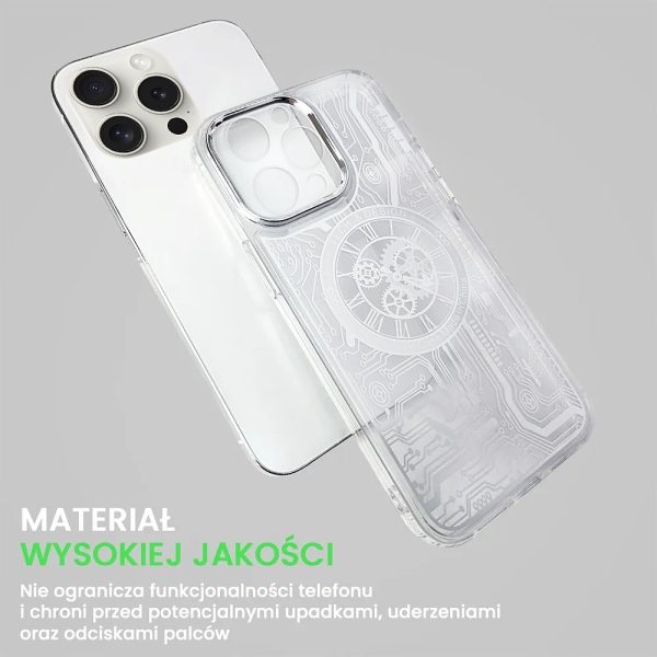 etui do iphone 15 pro clockwork magsafe, przeźroczyste z mechanizmem w środku, srebrne