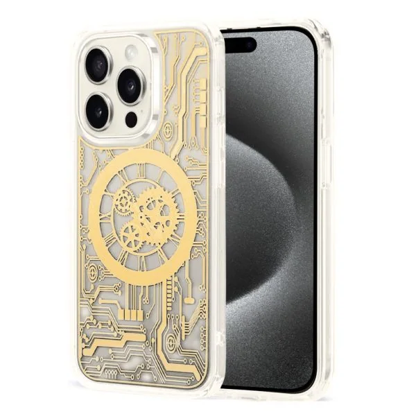 etui do iphone 15 pro clockwork magsafe, przeźroczyste z mechanizmem w środku, złote