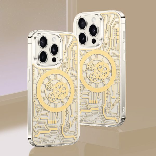 etui do iphone 15 pro clockwork magsafe, przeźroczyste z mechanizmem w środku, złote
