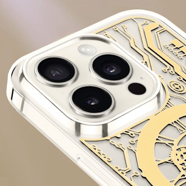 etui do iphone 15 pro clockwork magsafe, przeźroczyste z mechanizmem w środku, złote