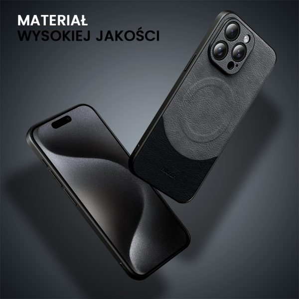 etui do iphone 15 pro max magsafe leather protect eleganckie skórzane, sulada original, szaro czarne