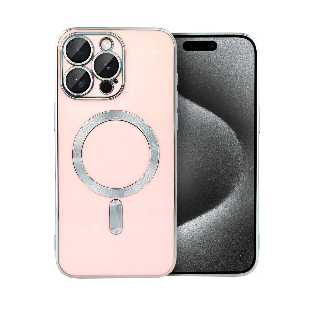 etui do iphone 15 pro max magsafe silver elegance, z osłoną aparatu, delikatnie różowe
