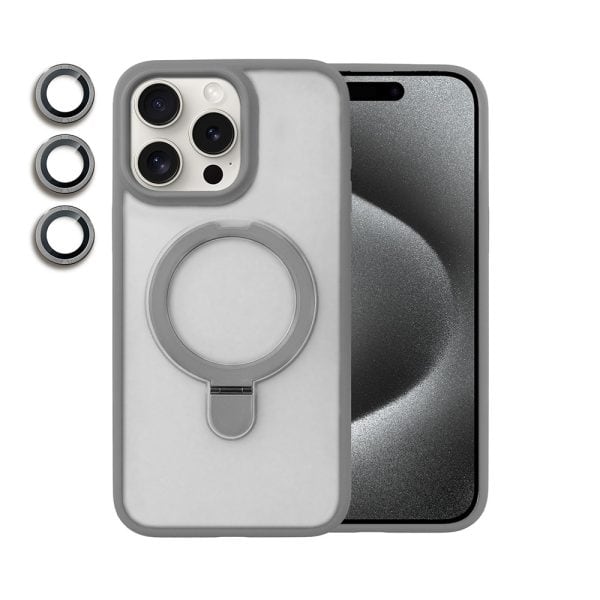 etui do iphone 15 pro max frosted armor stand 3w1 z podstawka i ochrona aparatu, szare