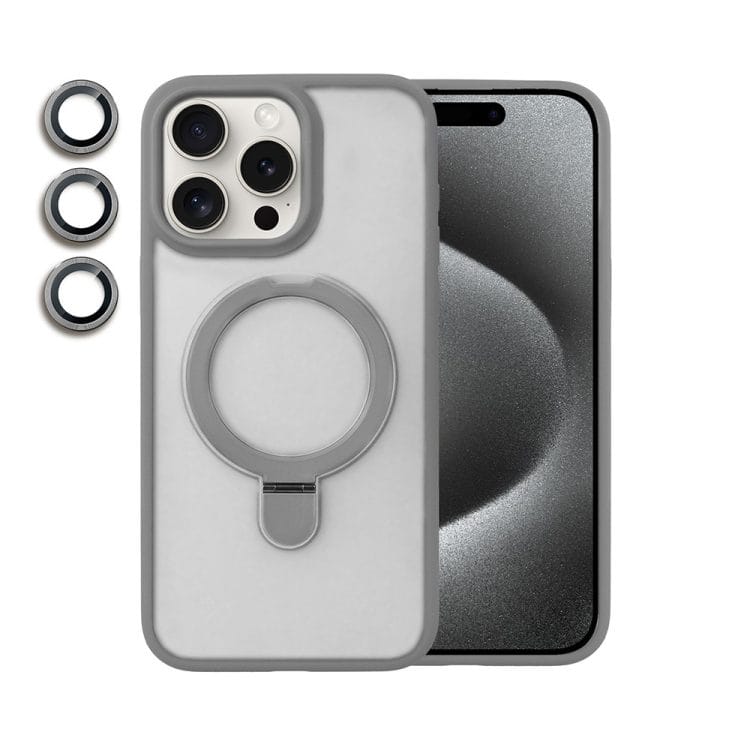 etui do iphone 15 pro max frosted armor stand 3w1 z podstawka i ochrona aparatu, szare