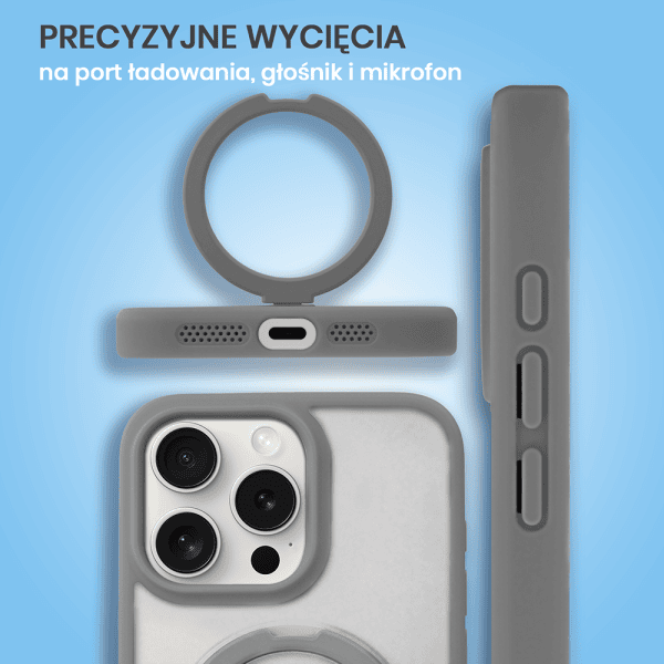 etui do iphone 15 pro max frosted armor stand 3w1 z podstawka i ochrona aparatu, szare