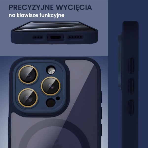 etui do iphone 15 pro magsafe hybrid color cienkie z kolorową ramką i ochroną aparatu, granatowe