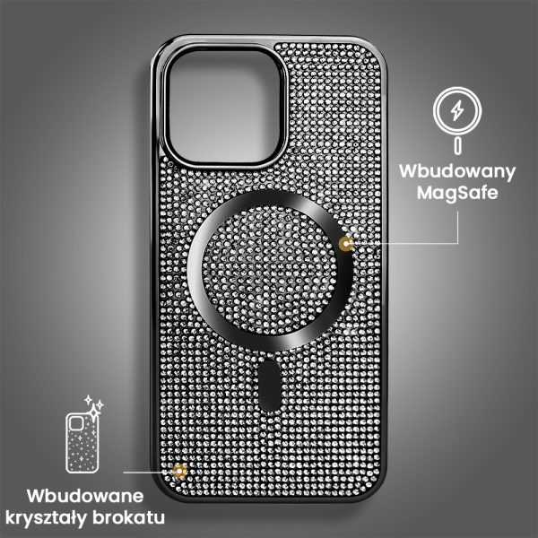 etui do iphone 15 pro max magsafe tresury case, diamentowe, z błyszczącą ramką, czarne