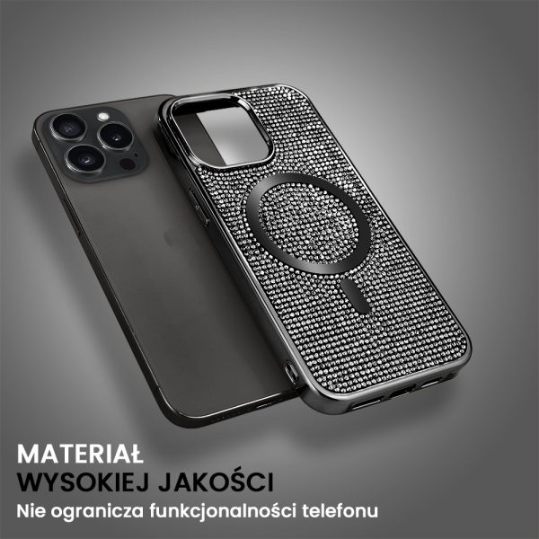 etui do iphone 15 pro max magsafe tresury case, diamentowe, z błyszczącą ramką, czarne