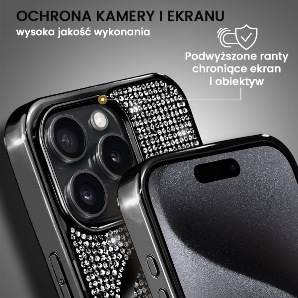 etui do iphone 15 pro max magsafe tresury case, diamentowe, z błyszczącą ramką, czarne