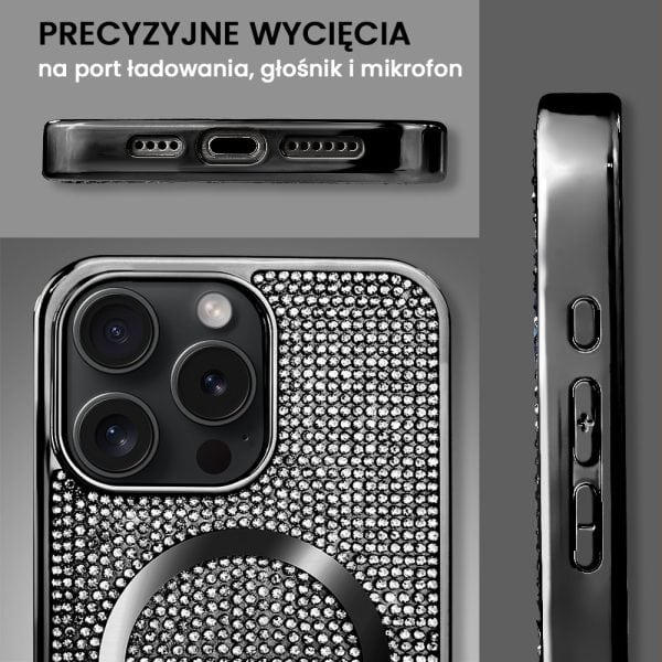 etui do iphone 15 pro max magsafe tresury case, diamentowe, z błyszczącą ramką, czarne