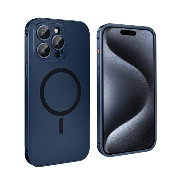 etui do iphone 15 pro max metal solid magsafe, pełny tył z metalową ramką i osłoną aparatu, granatowe