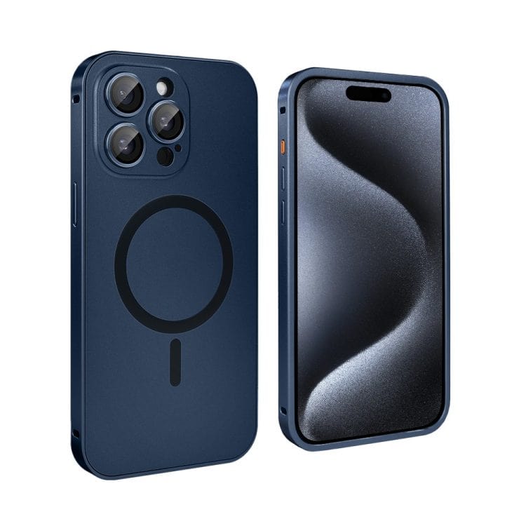 etui do iphone 15 pro max metal solid magsafe, pełny tył z metalową ramką i osłoną aparatu, granatowe